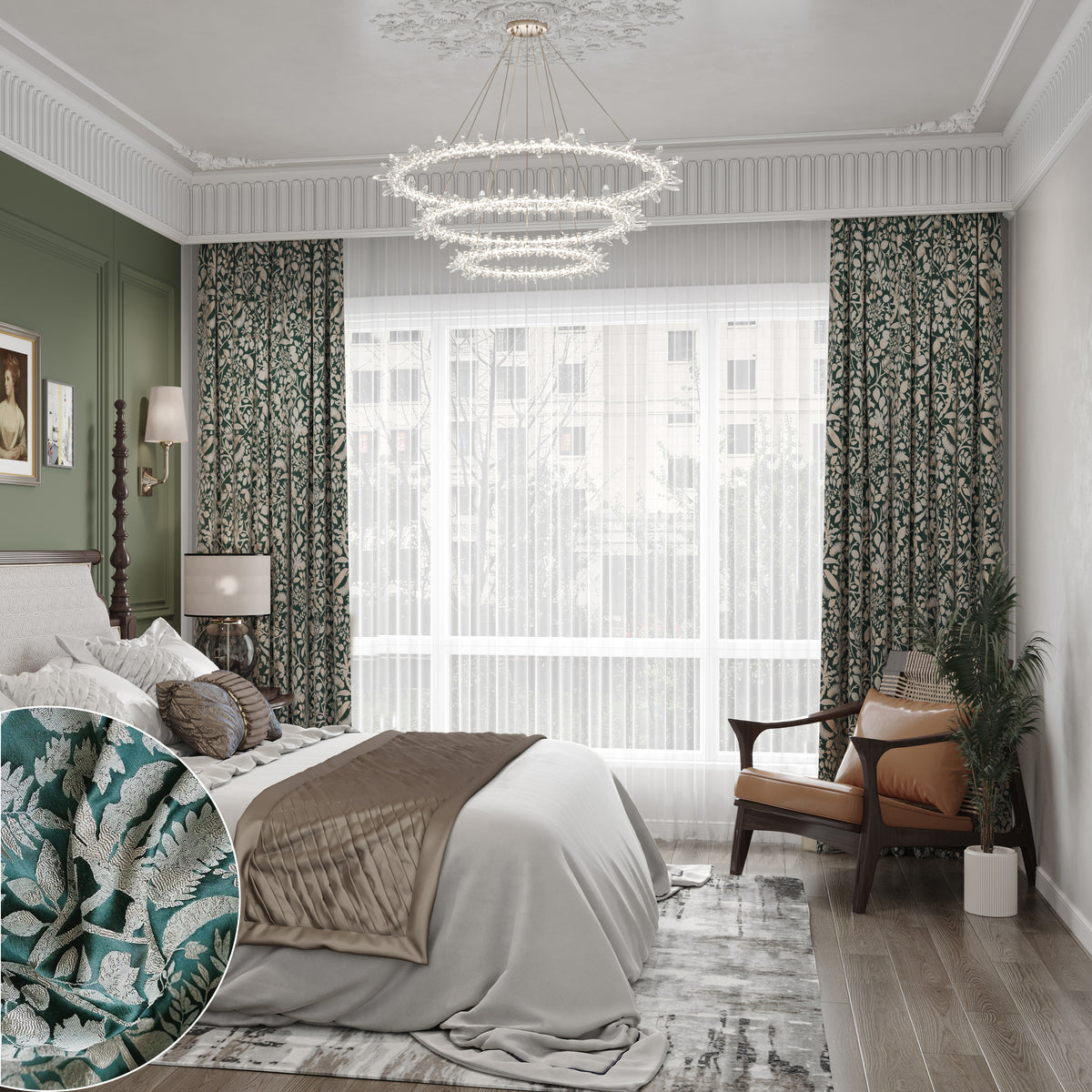 A Pair of Champagne  Luxury Embroidered Botanical Floral Jacquard Curtains Draperies-Bedroom/Curtains for living room-Custom Curtains Panels