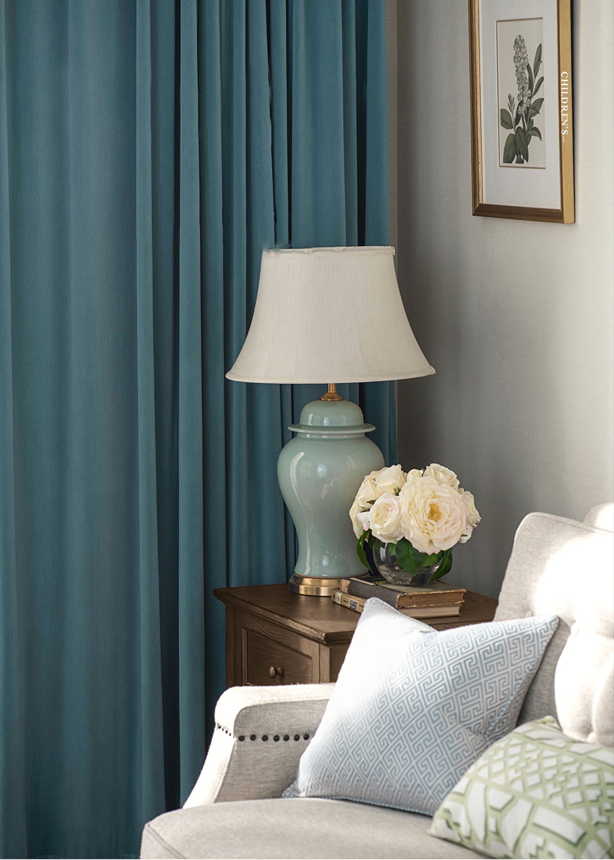 A Pair of Blue Gray Velvet Curtains, Bedroom Velvet Curtains, Living Room Pepper Light Blue Velvet Curtains, Grommet pleated Custom Curtains
