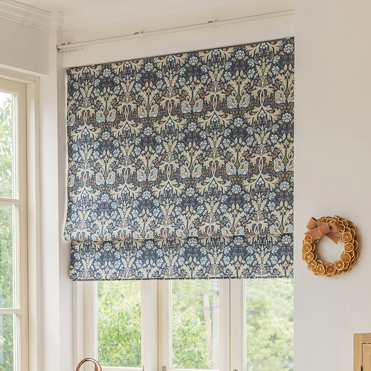 Blue Floral Flat Roman Shades for Windows, roman blinds for kitchen, Roman shades with chain mechanism, Custom window treatment