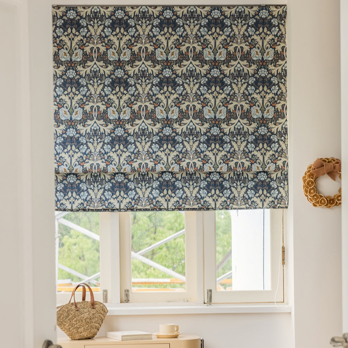 Blue Floral Flat Roman Shades for Windows, roman blinds for kitchen, Roman shades with chain mechanism, Custom window treatment